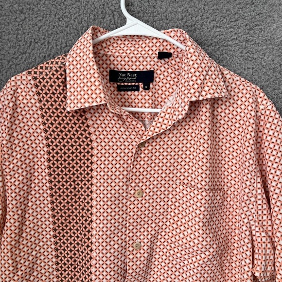 Nat Nast Shirt Men Medium Orange Geometric American Fit Silk Short Sleeve Preppy - Picture 6 of 11
